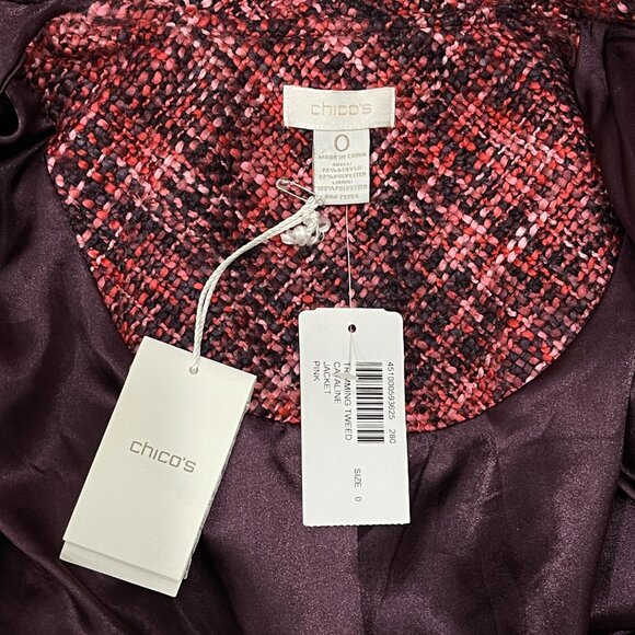 Chico's Blazer Jacket Pink Red Burgundy Tweed Ruffle Open Front NWT New! - Picture 5 of 6